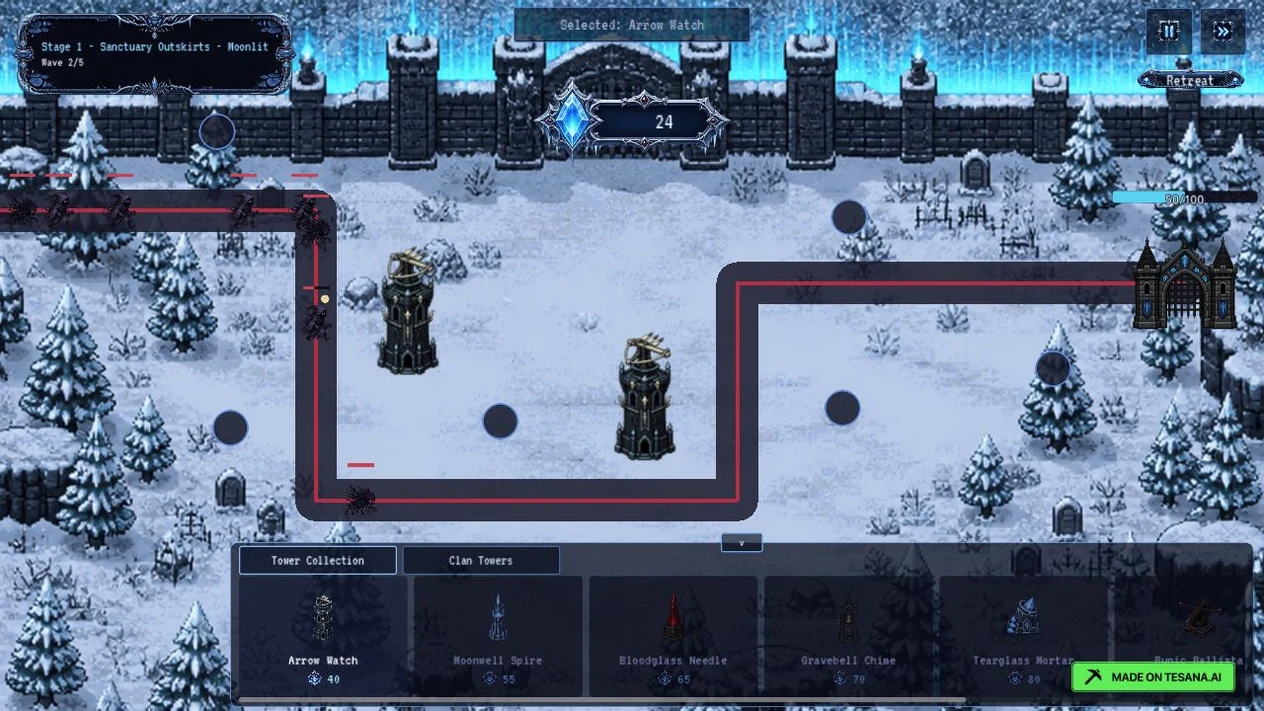 Tower-defense battle with two Arrow Watch towers firing across a winding sanctuary route