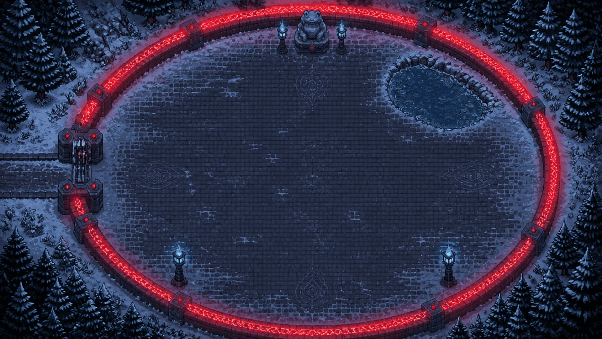 Top-down view of the snowbound Crysenith sanctuary enclosed by its red rune barrier