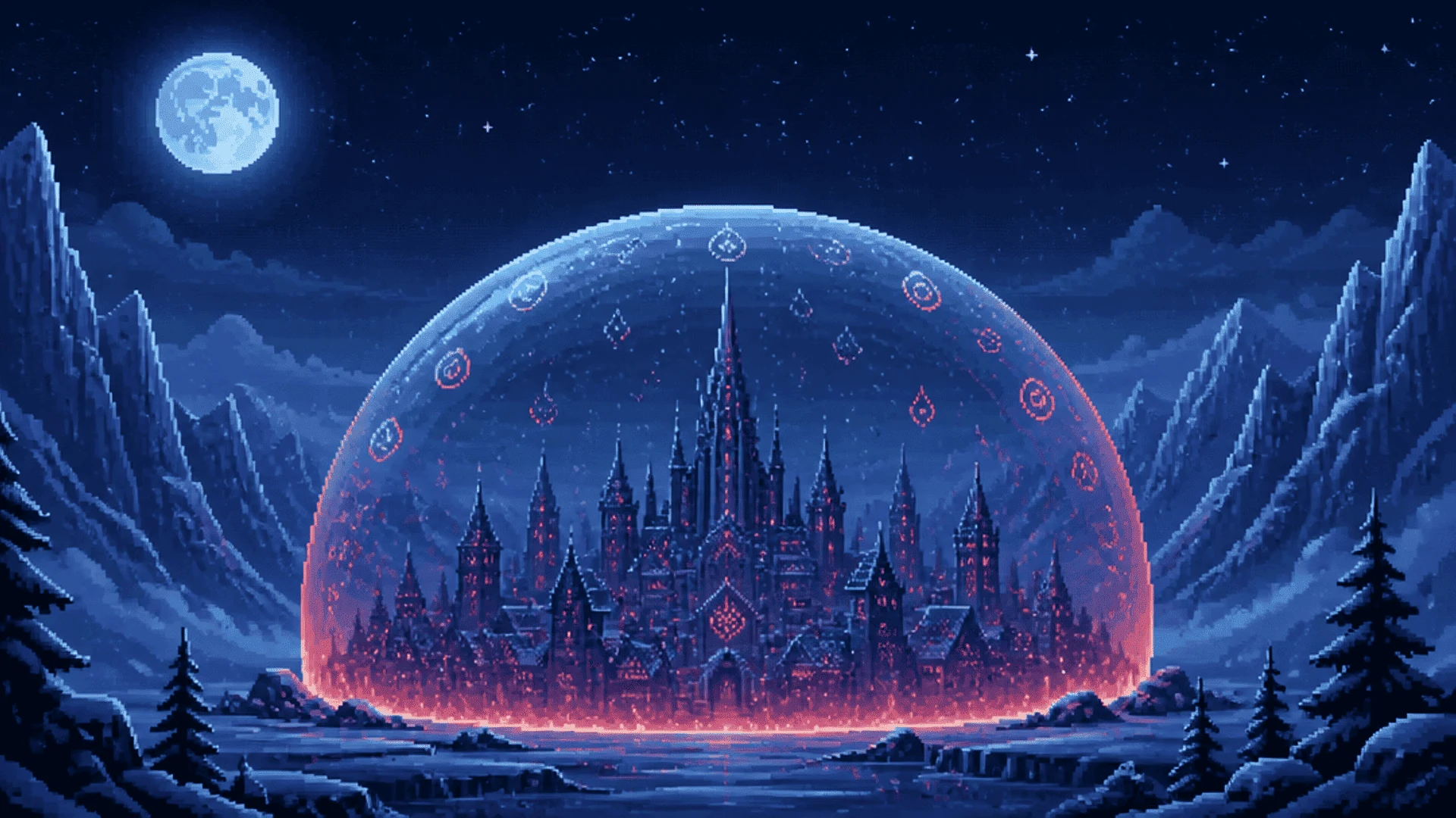 Frozen gothic sanctuary protected by a luminous rune dome beneath a moonlit sky