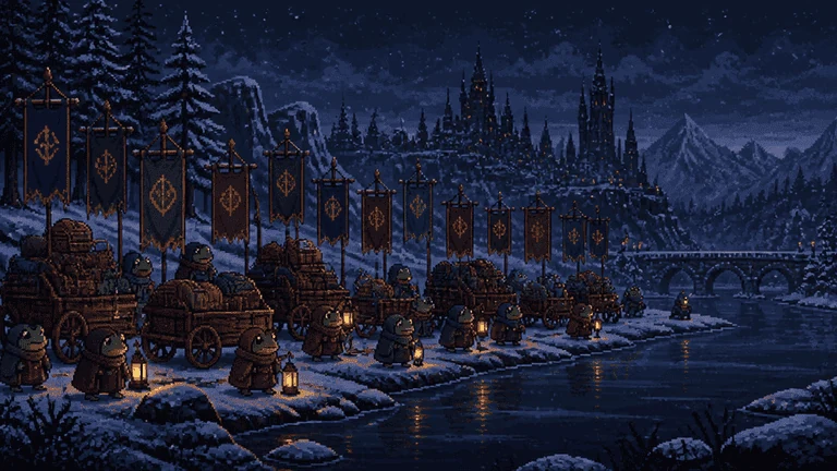 Thirteen clans gathering with caravans beside a frozen river before their journey