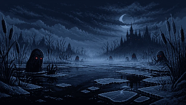 Shadow creatures rising from dark reeds beside an icy river at night