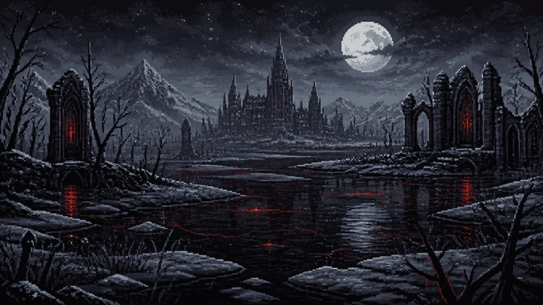Moonlit river darkened by branching red corruption beneath a distant gothic city