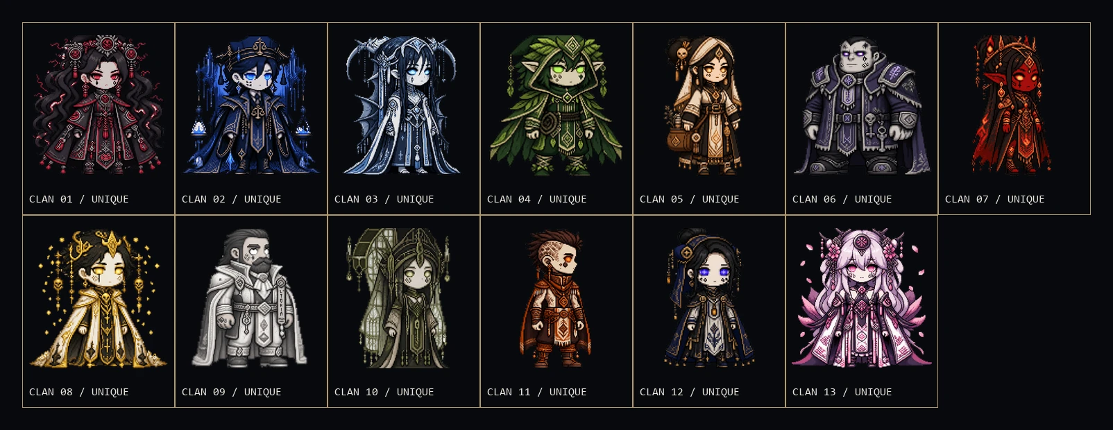 Contact sheet of thirteen unique Crysenithian clan leader portraits