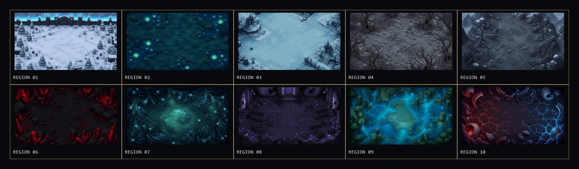 Contact sheet of ten distinct Towers of the Crysenith campaign region backgrounds