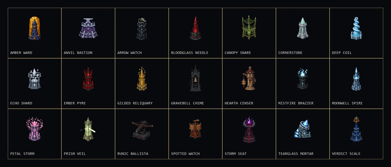 Contact sheet of twenty-one named tower assets from Towers of the Crysenith